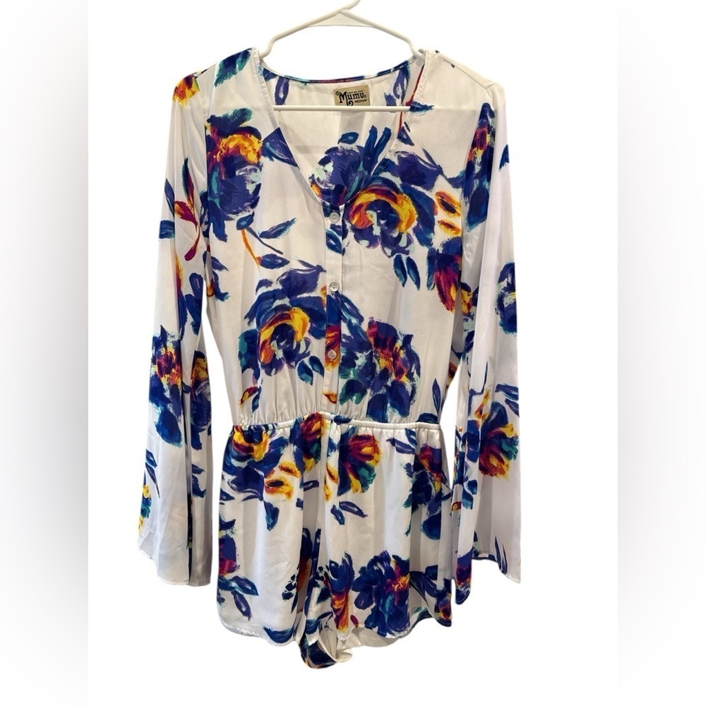 Show Me Your MuMu Red Rocks Romper Blue and Gold Long Sleeve Blouse Size M EUC